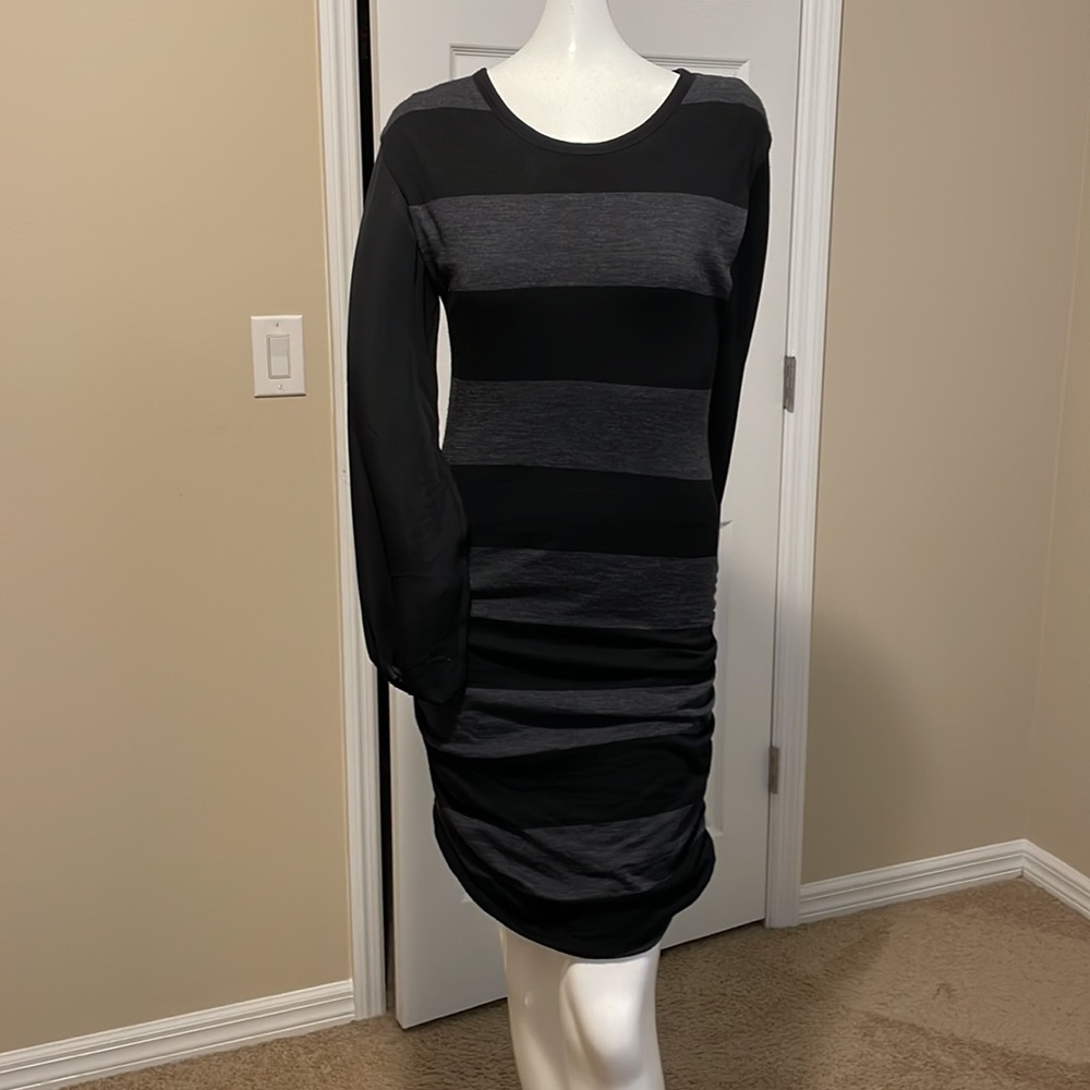 ULLA JOHNSON RUCHED SIDES GRAY BLACK STRIPED WOOL DRESS SHEER SILK SLEEVE M NWOT